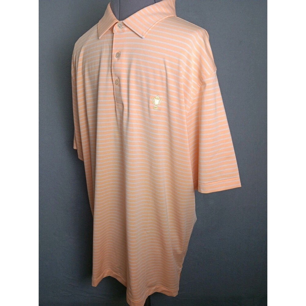 Peter Millar Summer Comfort Mens L Polo Shirt Peach Blue Striped Trophy Logo EUC